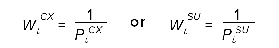 W subscript i superscript CX equals 1 divided by P subscript i superscript CX or W subscript i superscript SU equals 1 divided by P subscript i superscript SU