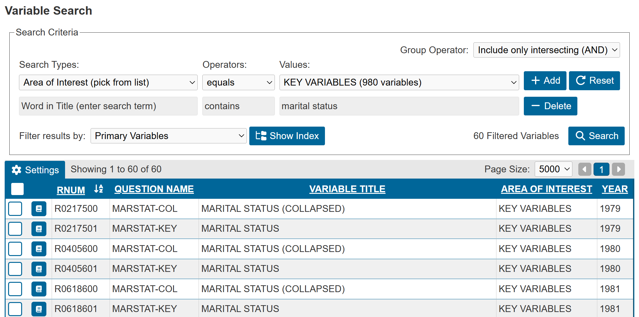 variable search tab loaded with independent var criteria