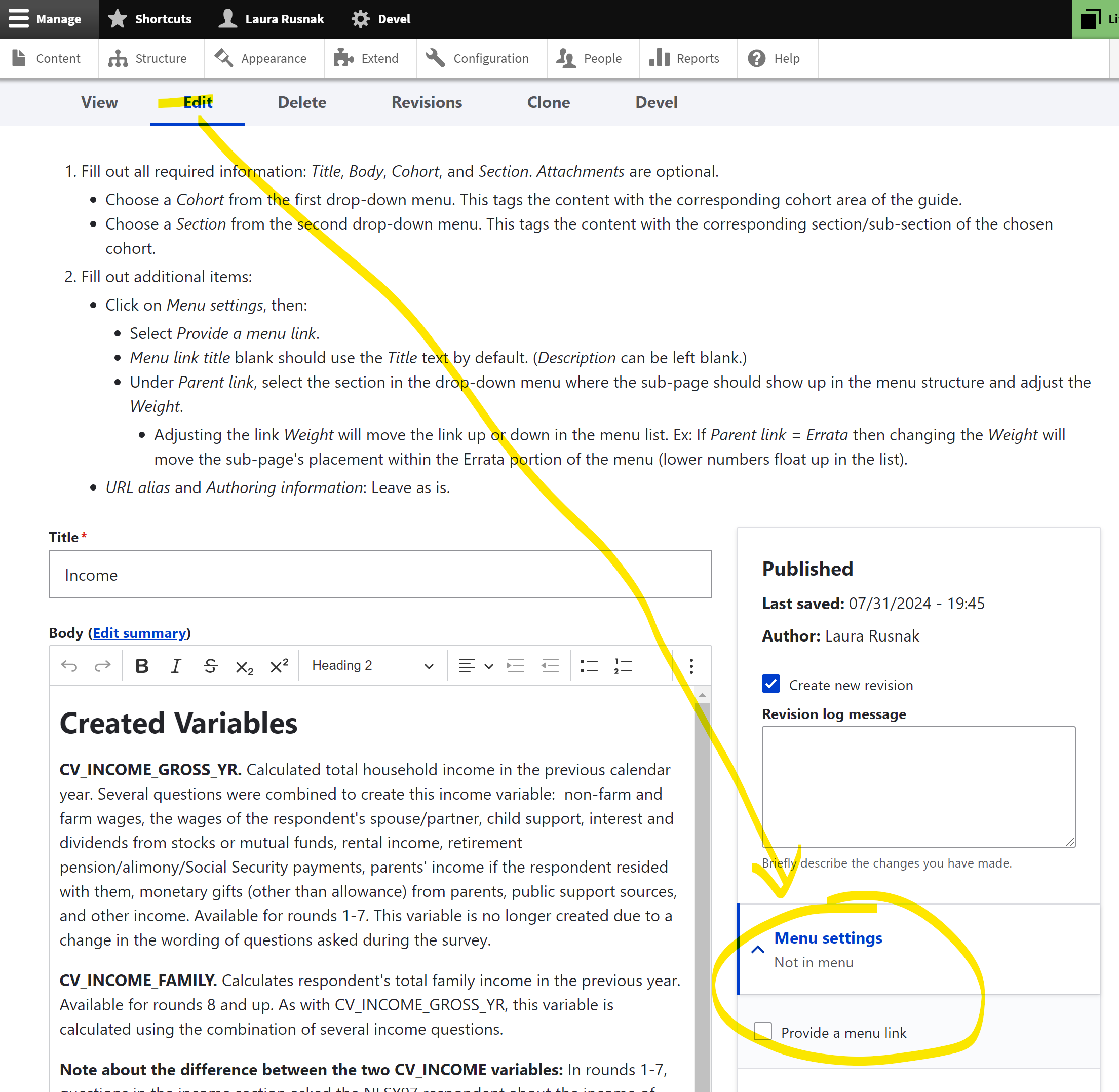 location of edit button above main content area