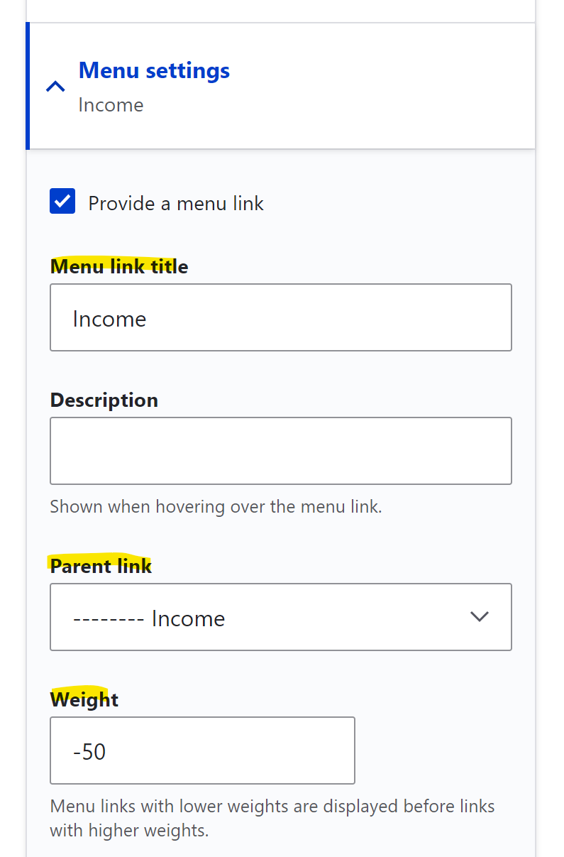 menu widget in right column of edit view