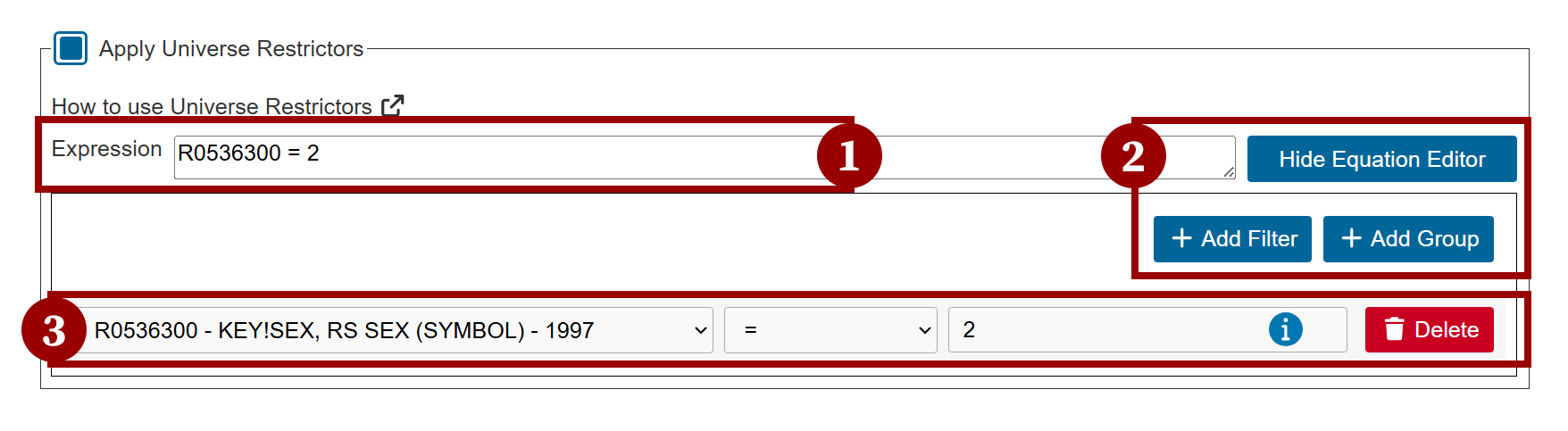 universe restrictors equation showing editor
