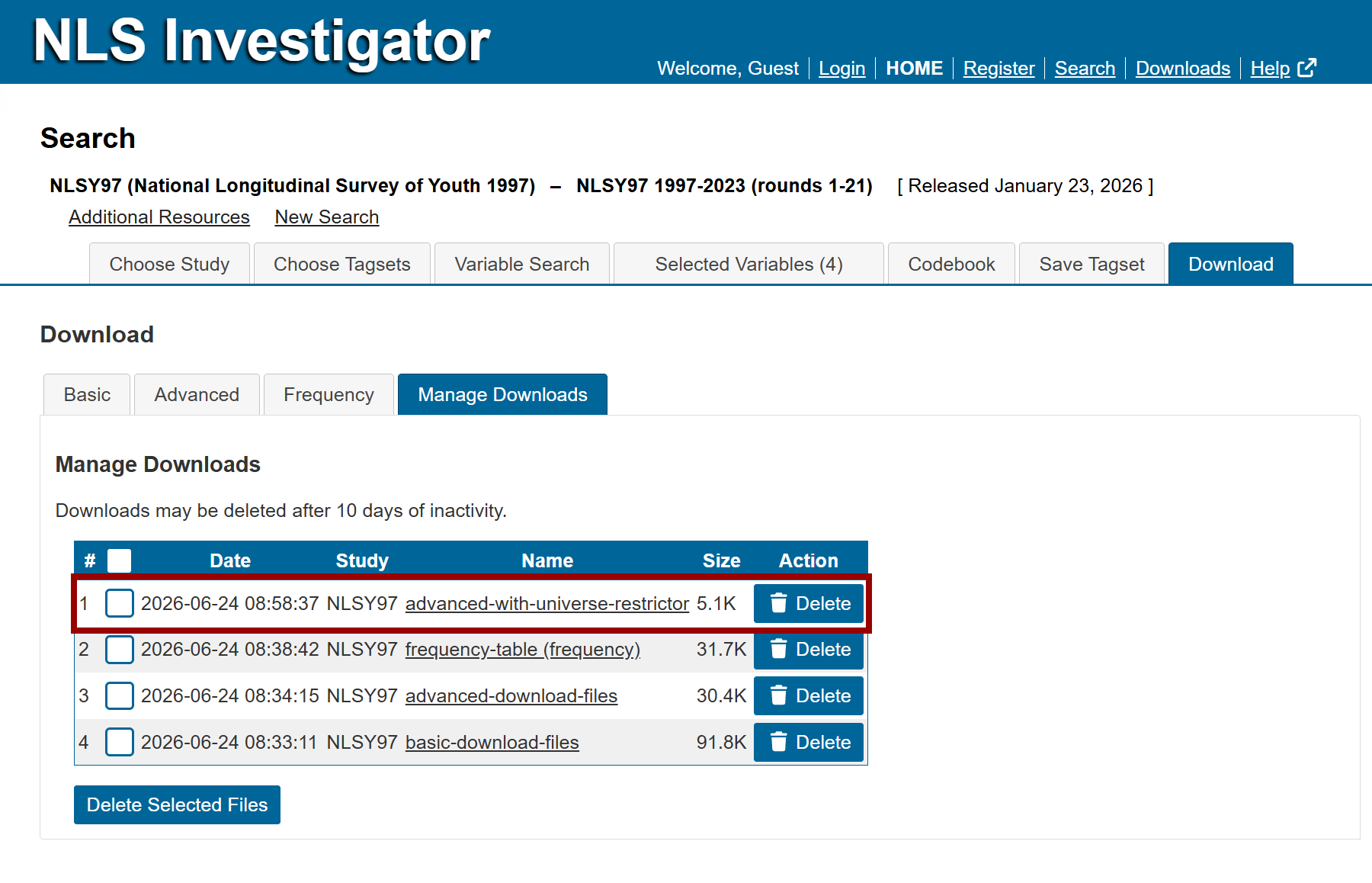 manage download sub-tab has extract with universe restrictors