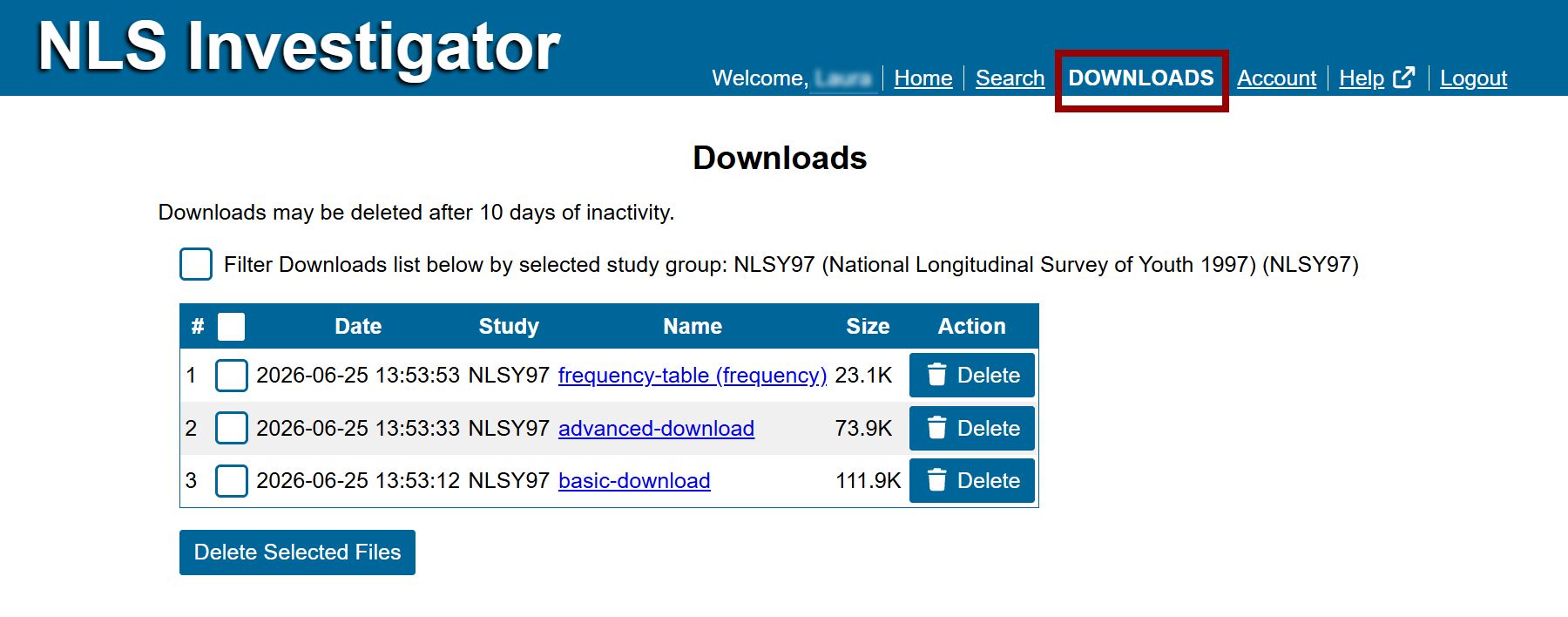 a registered user's previous downloads list accessed through the Downloads link