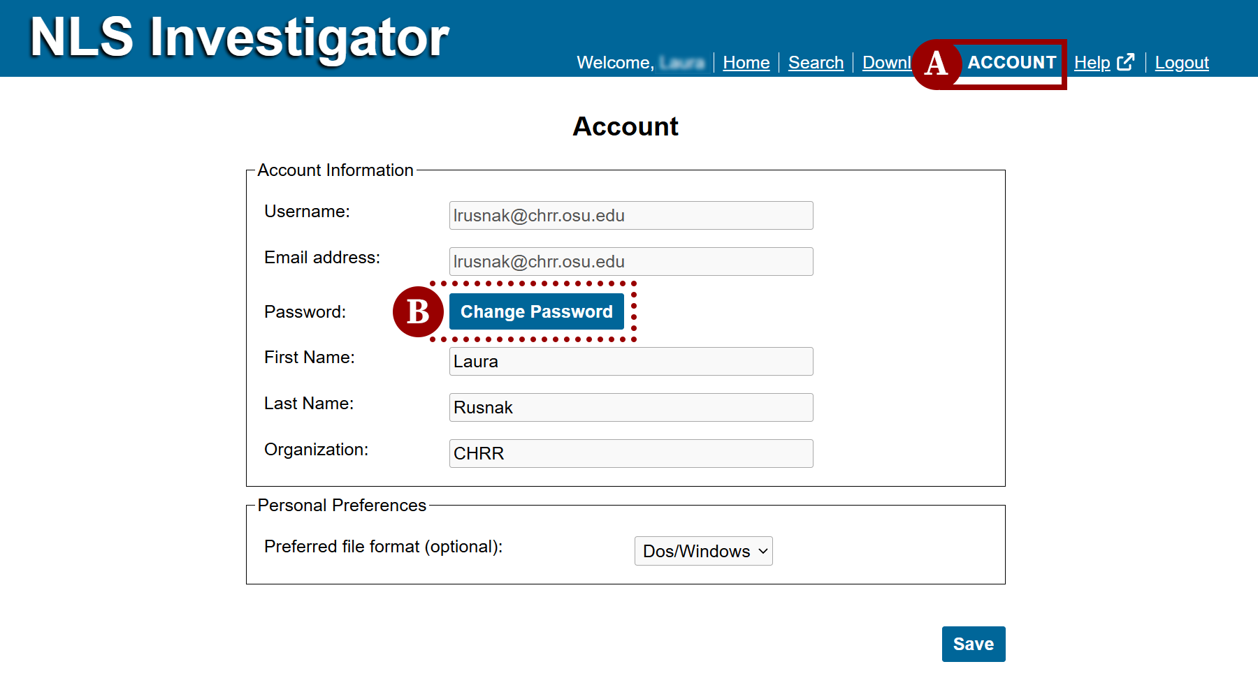 account settings form showing user's profile information
