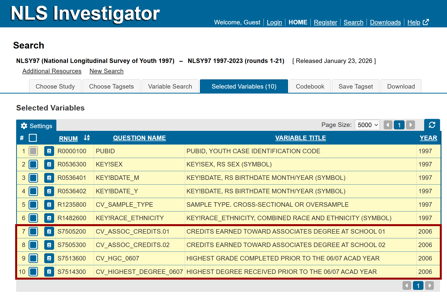 The review selected variables tab showing the chosen variables