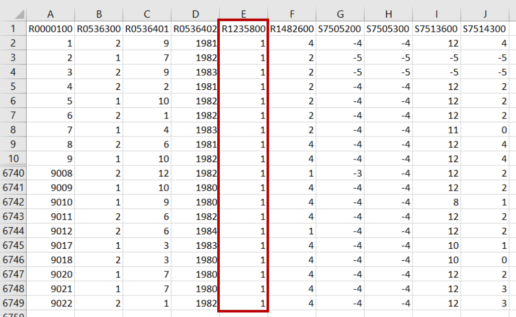 Excel file showing column E