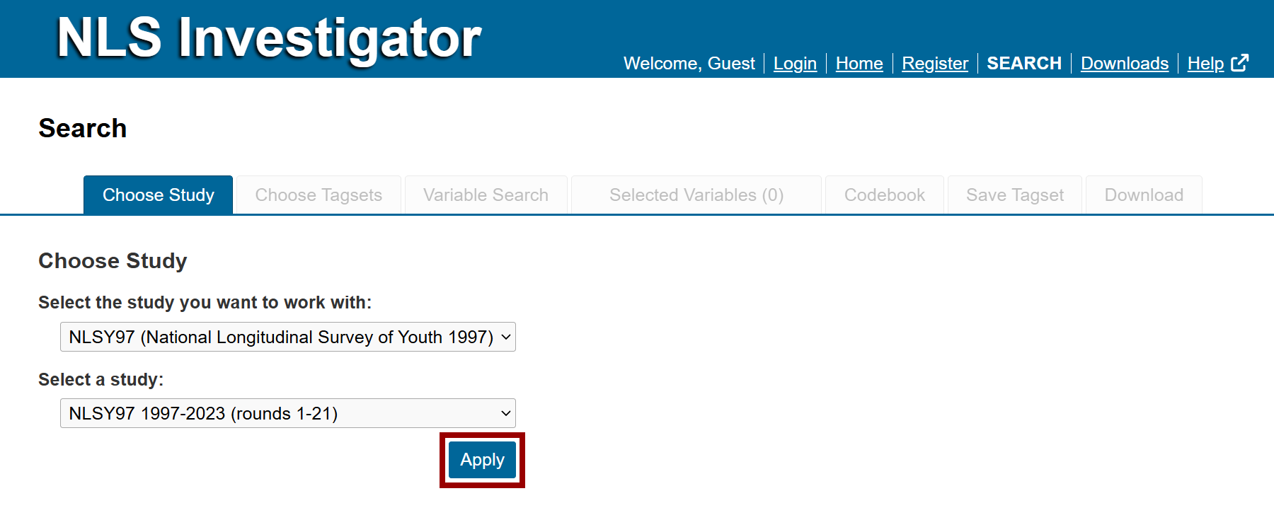 cohort study selection apply button