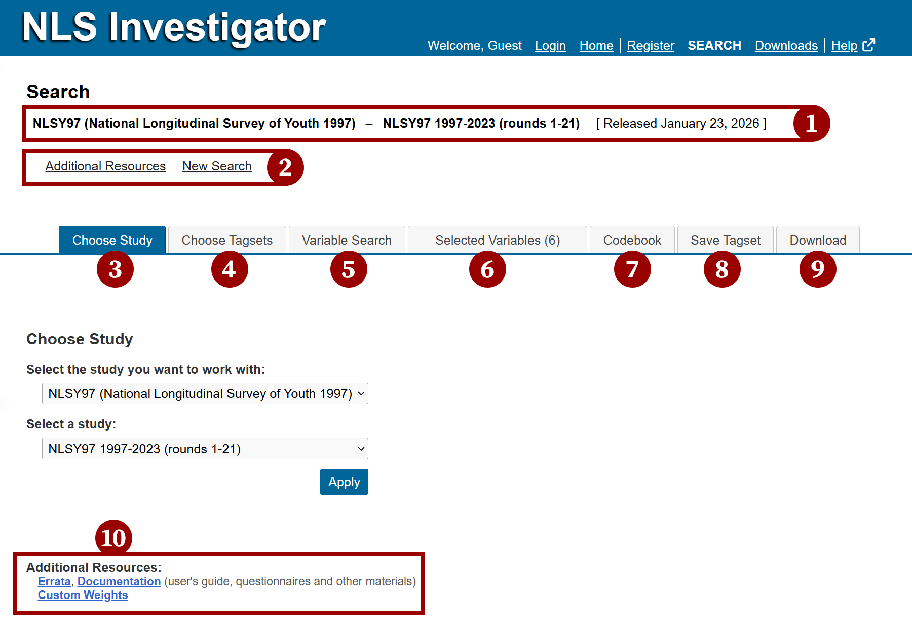 Investigator's interface and navigational tab panel to complete different portions of the search process