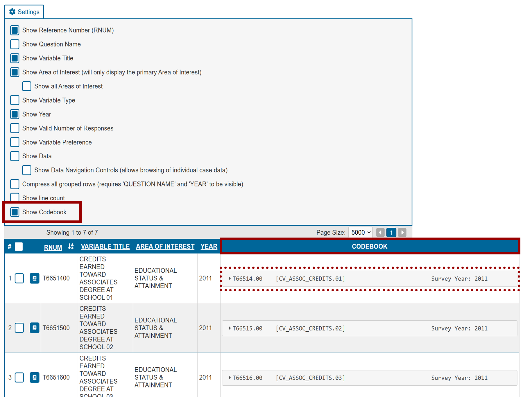 sample variable and corresponding codebook preview highlighted in the search results table