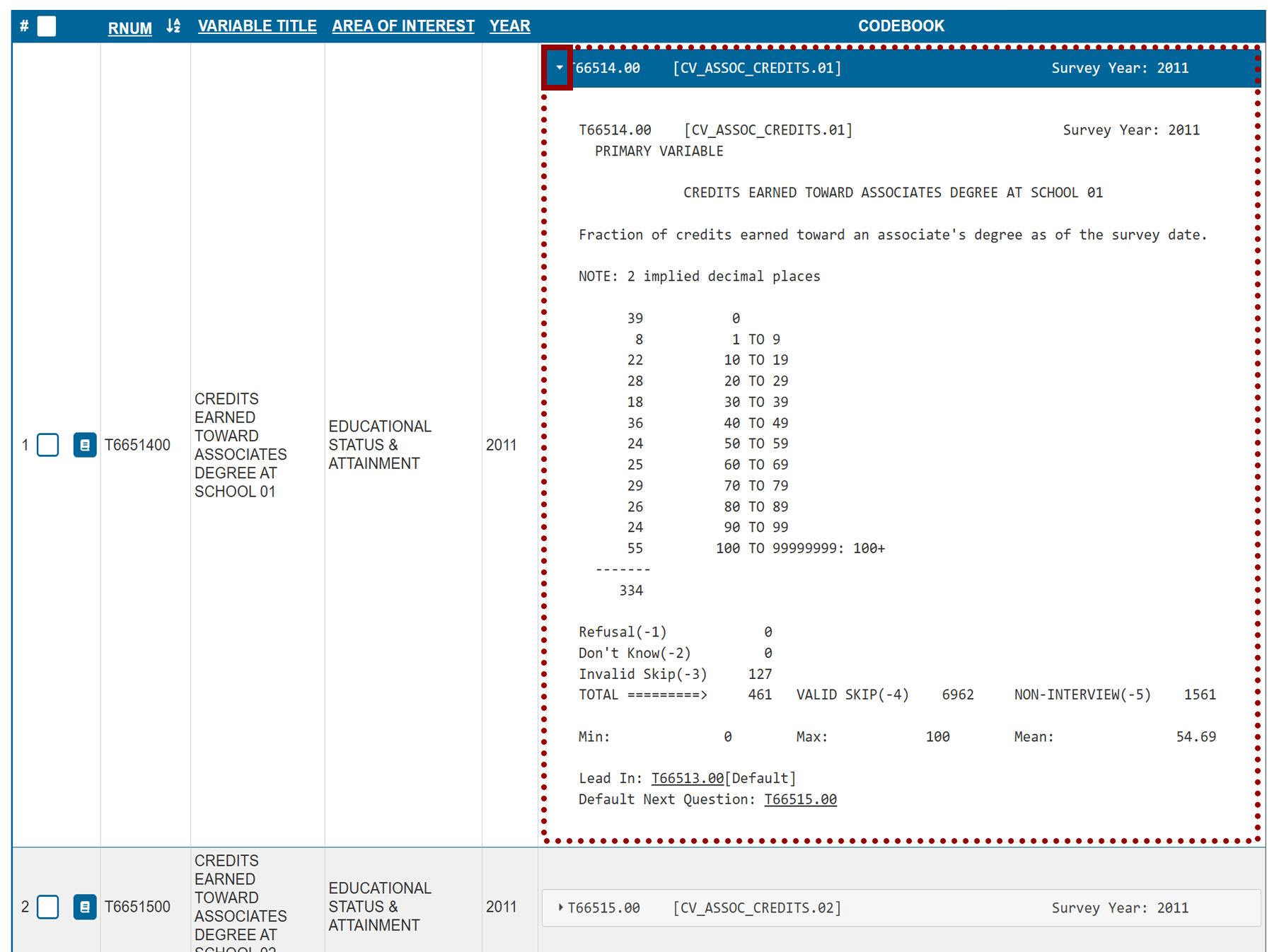 sample variable and corresponding codebook preview highlighted in the search results table