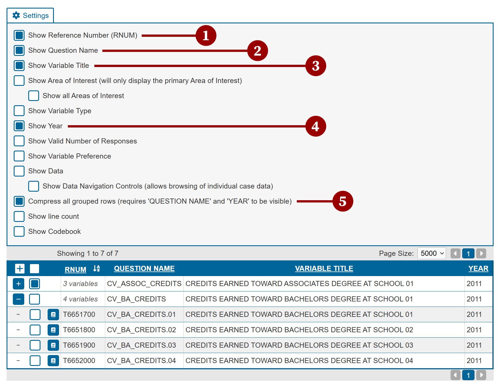 settings tab menu with default selections