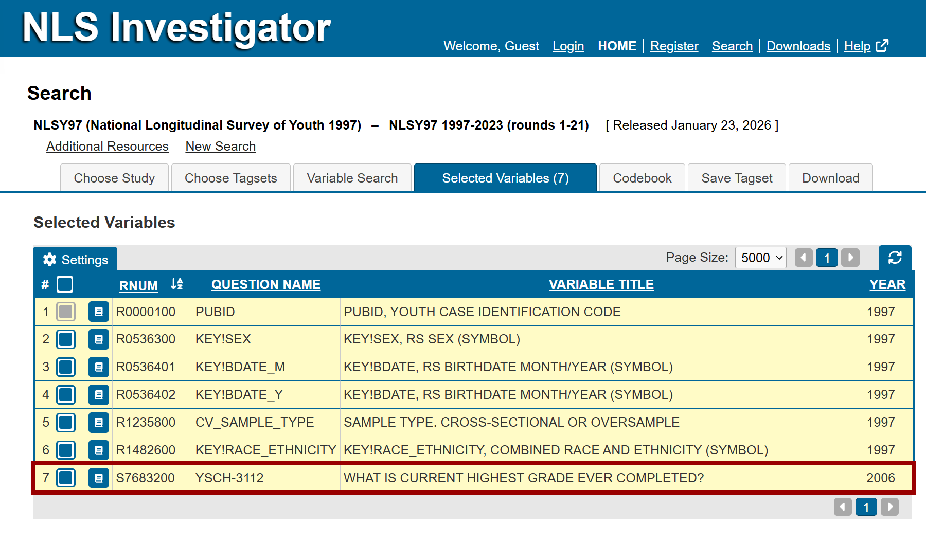 seven tagged variables in the search results table within the review selected variables tab