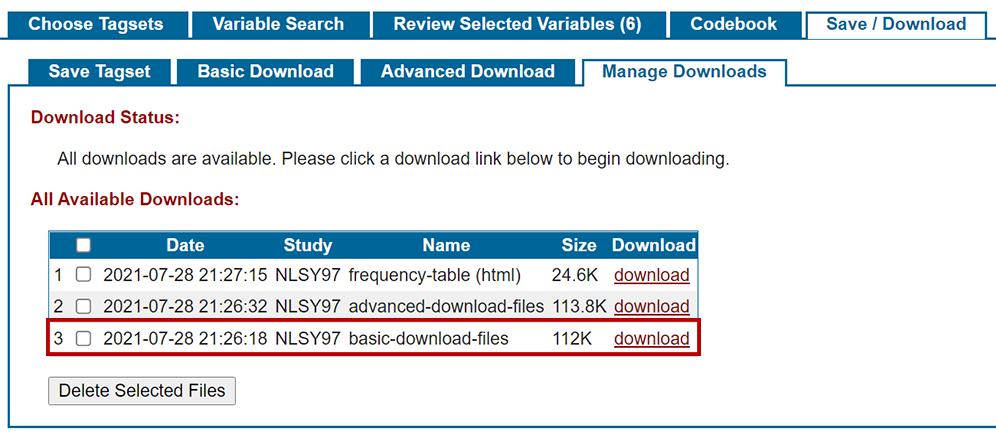 basic download listed in manage downloads sub-tab