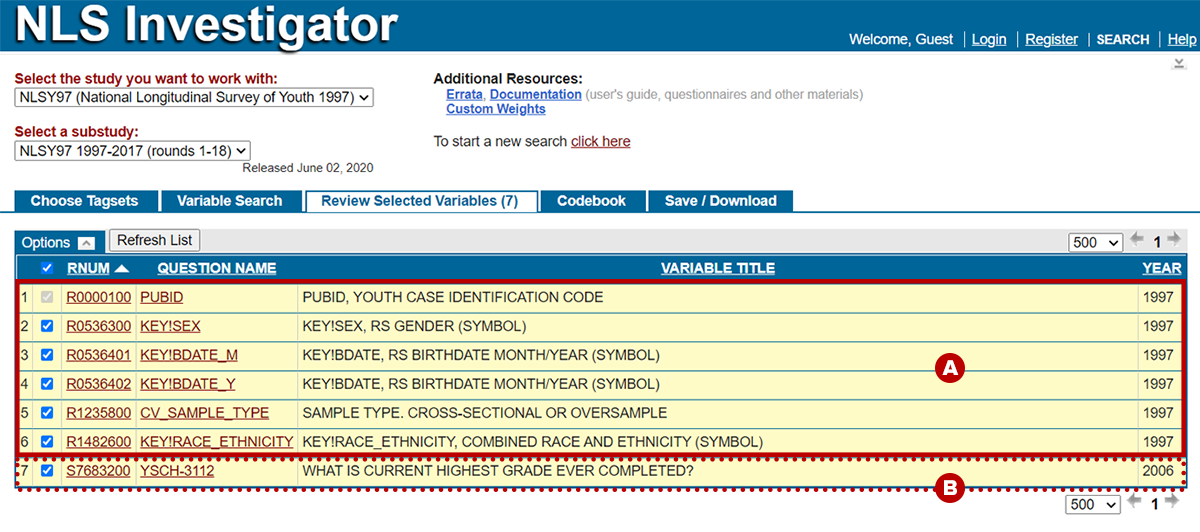 seven tagged variables listed in the review selected variables tab