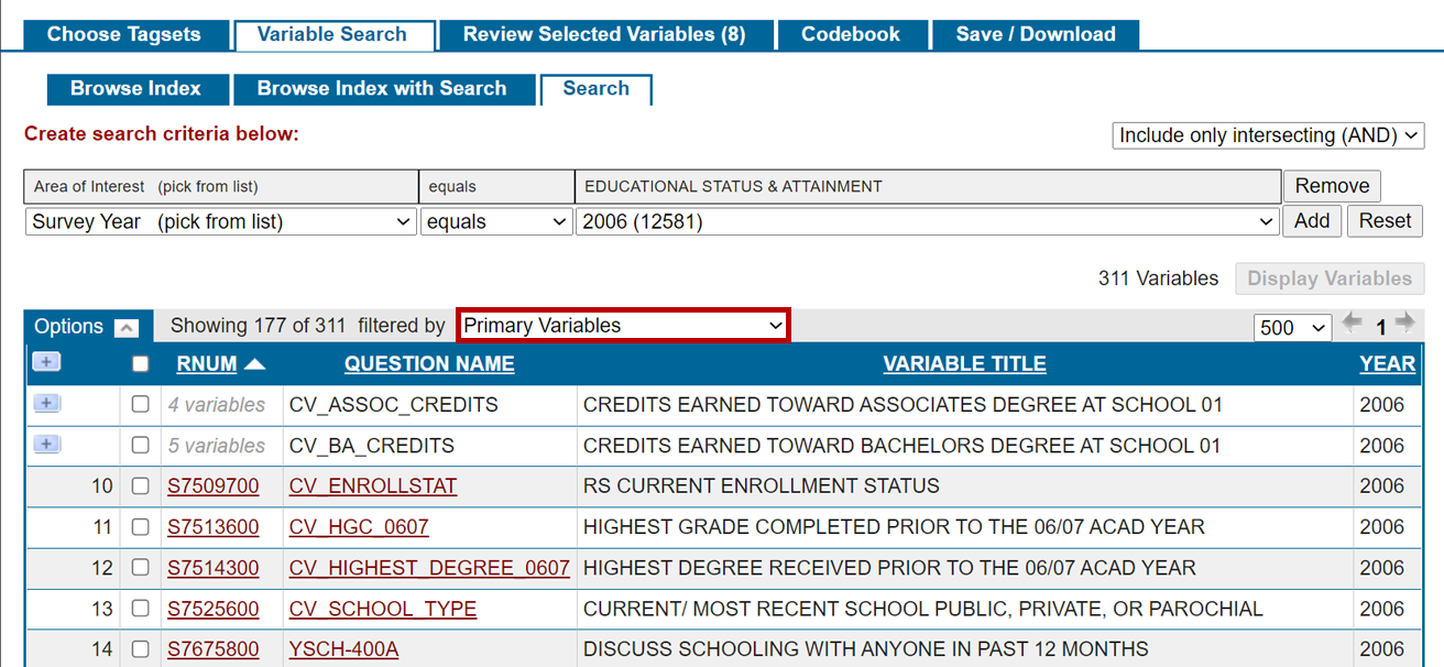 The interface loads a list of variables that fit the search criteria