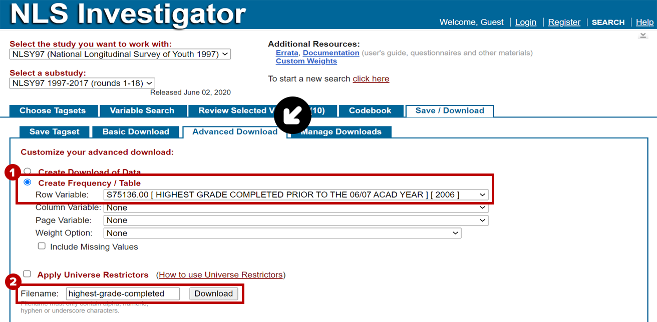 Frequency distribution option highlighted in Advanced Download sub-tab