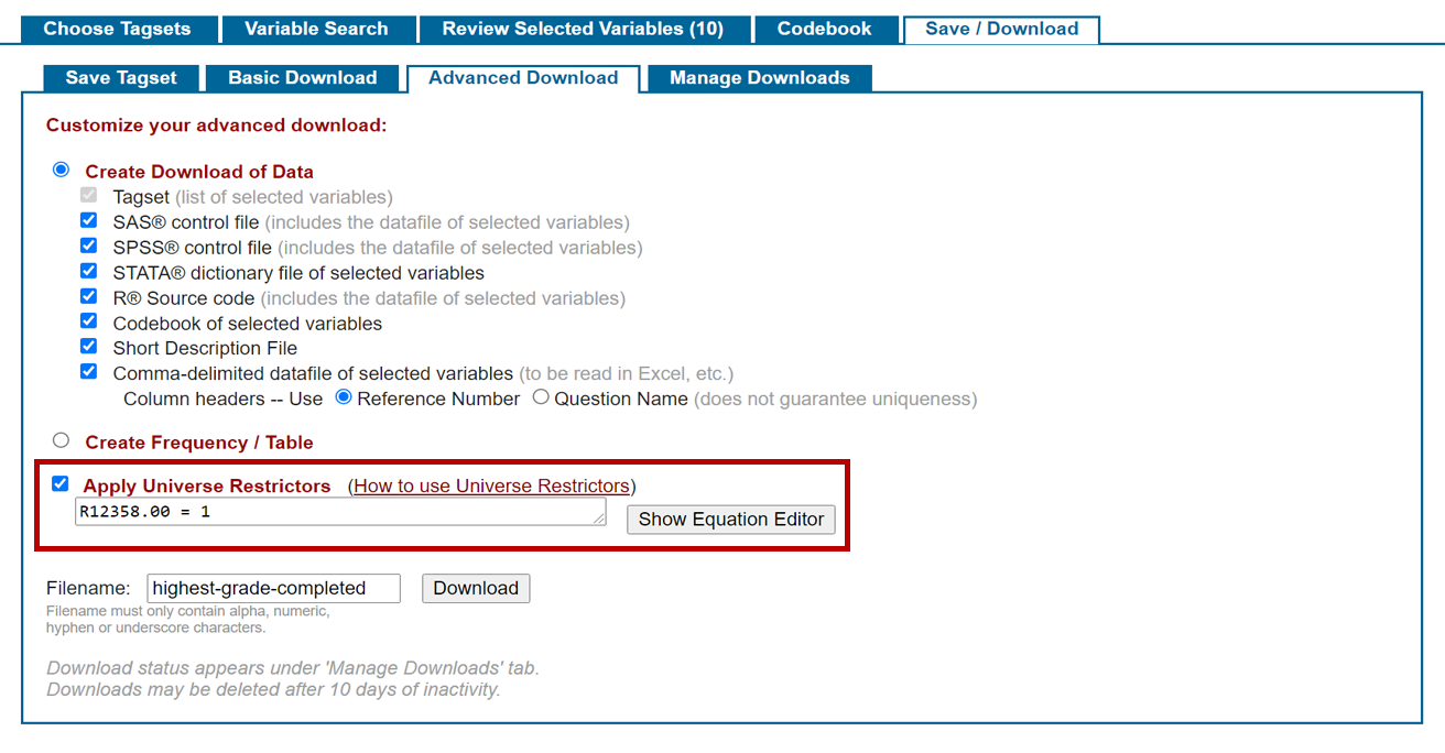 Apply universe restrictors option highlighted in advanced download sub-tab