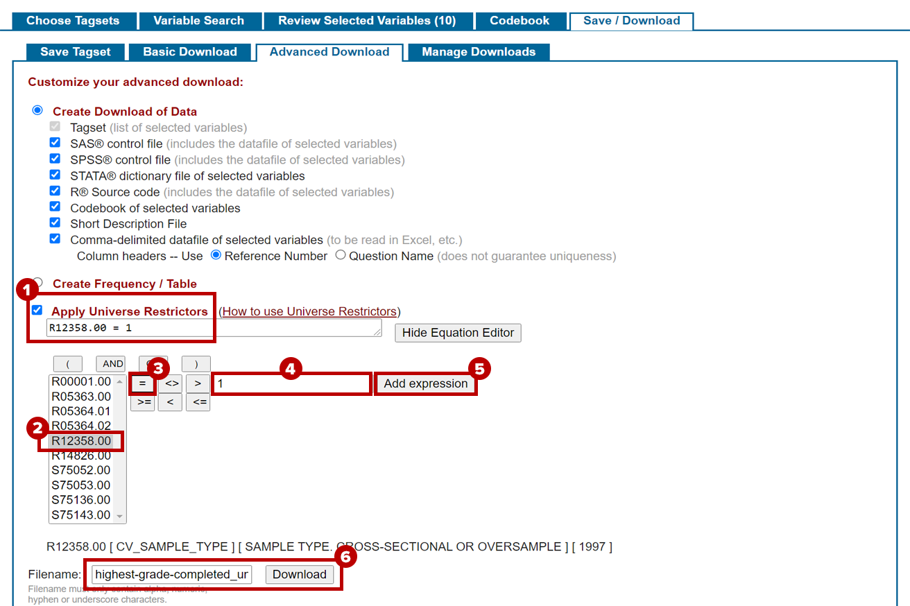 Apply universe restrictors' equation editor