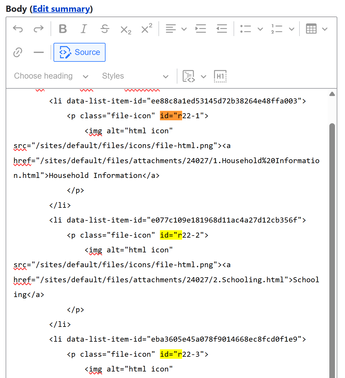 unique IDs highlighted in source code